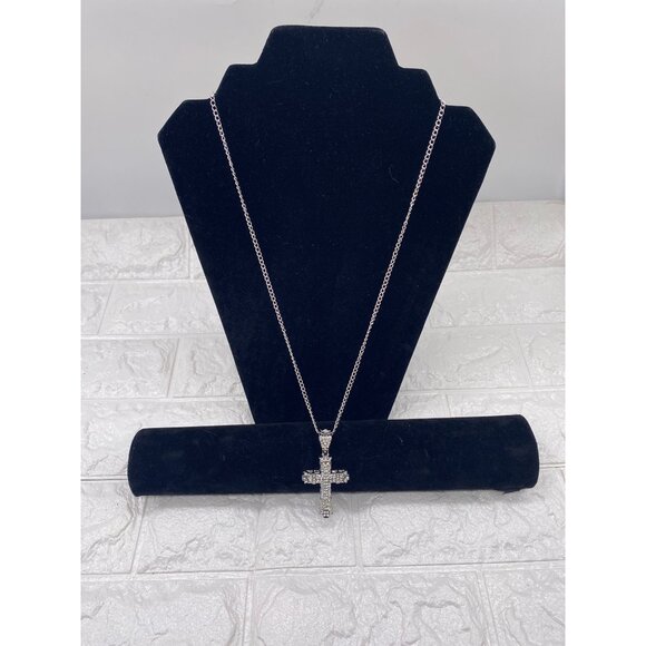 Chunky Crystal Cross Pendant Necklace Silver Tone Unisex Chain - Picture 4 of 8